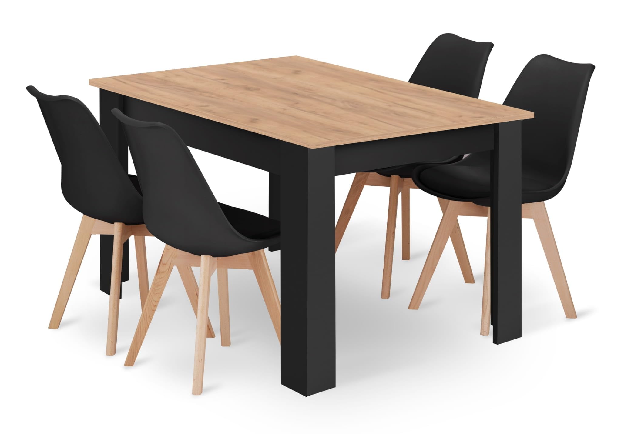 Conjunto Mesa Rectangular 120 x 80 cm y 4 Sillas Comedor Negro - Mesa de Cocina con Sillas con Cojín de Cuero Sintético y Patas de Madera de Haya