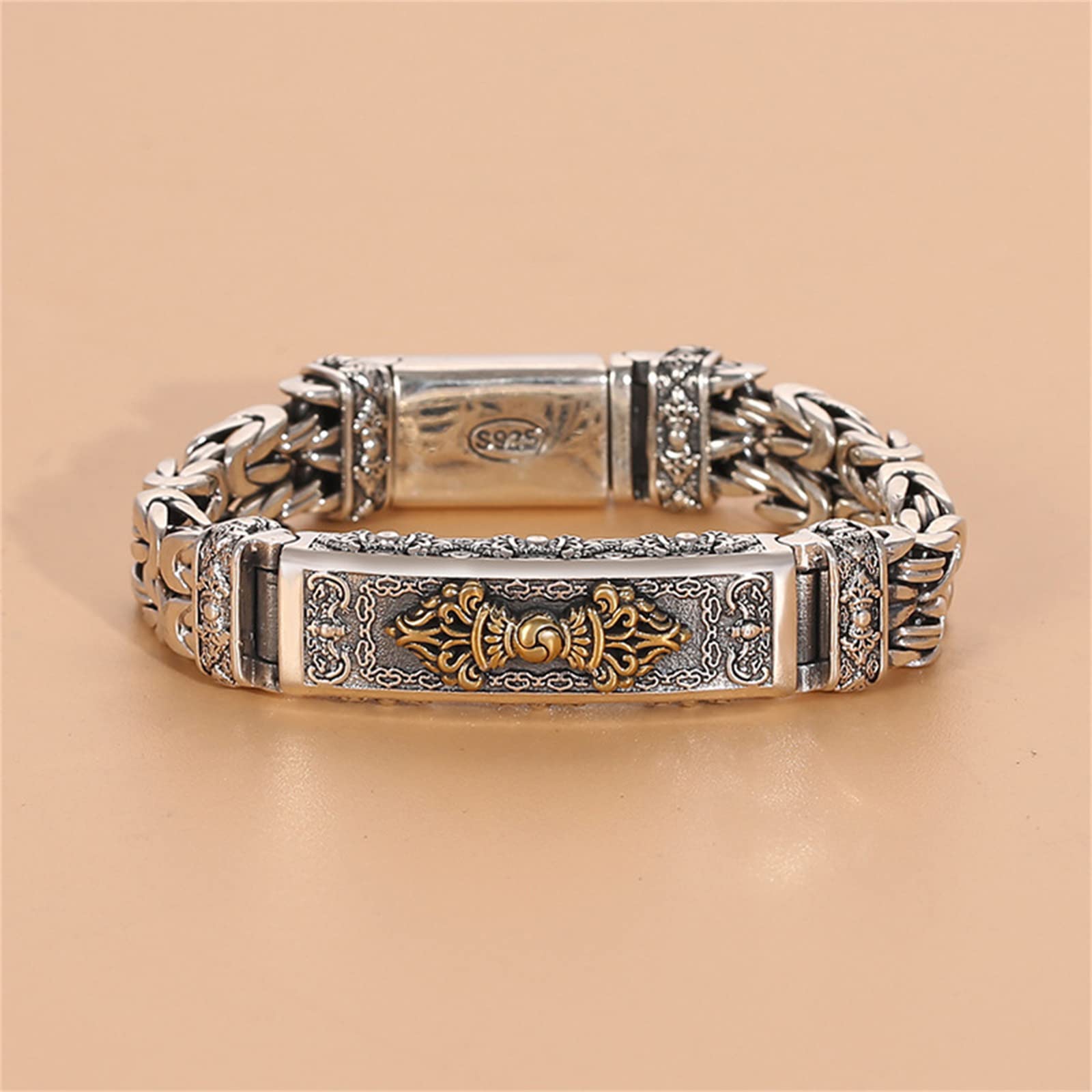 Brazalete plata ley S925 para hombre Vajra, brazalete gótico vintage budista Vajra, plata, 18 cm