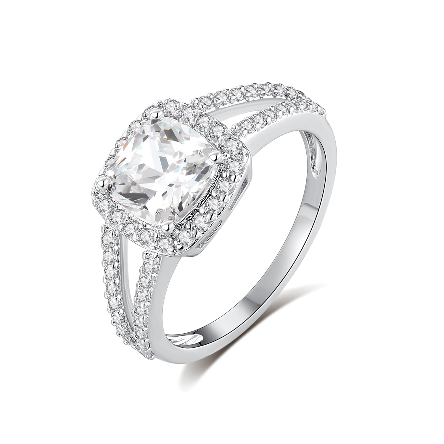 MDFUN 18K White Gold Plated Cubic Zirconia Square Halo Wedding Engagement Promise Eternity Ring for Women