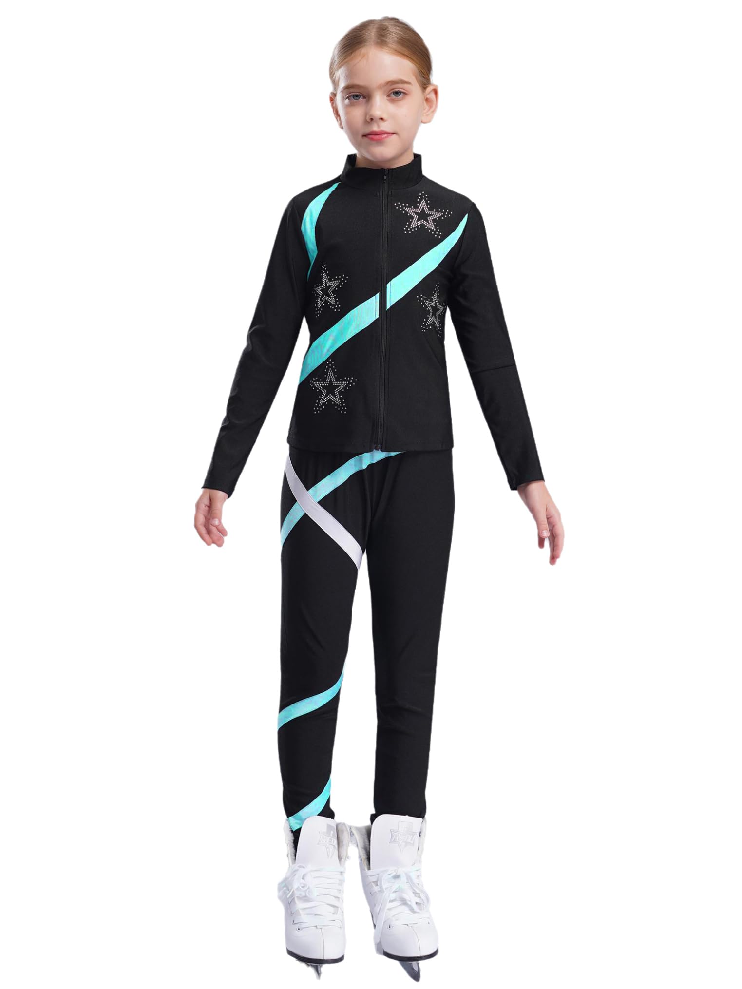 Freebily Kinder Trainingsanzüg Mädchen Eiskunstlauf Anzug Jacke Leggings Set Mit Strass-Stern Und Patchwork Eislaufen Sport Sweatsuit Tanzanzug Blaugrün 134-140