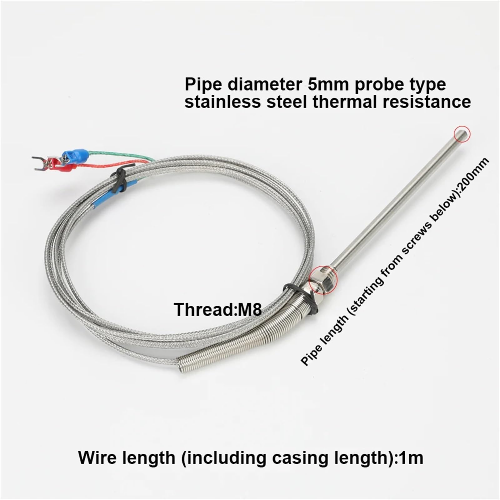 Najbardziej idealny czujnik temperatury, 1M 2M, typ K, termopara ze stali nierdzewnej 0-800℃, średnica 5 mm, gwint M8 50 mm/100 mm/150 mm/200 mm (długość kabla 1M, 150 mm)