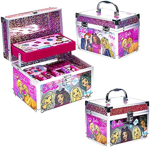 Barbie - Townley Girl Train Case Cosmetic Makeup Set Includes Lip Gloss, Eye Shimmer, Brushes, Nail Polish, Nail Accessories & more! for Kids Girls, Ages 3+ perfect for Parties, Sleepovers & Makeovers