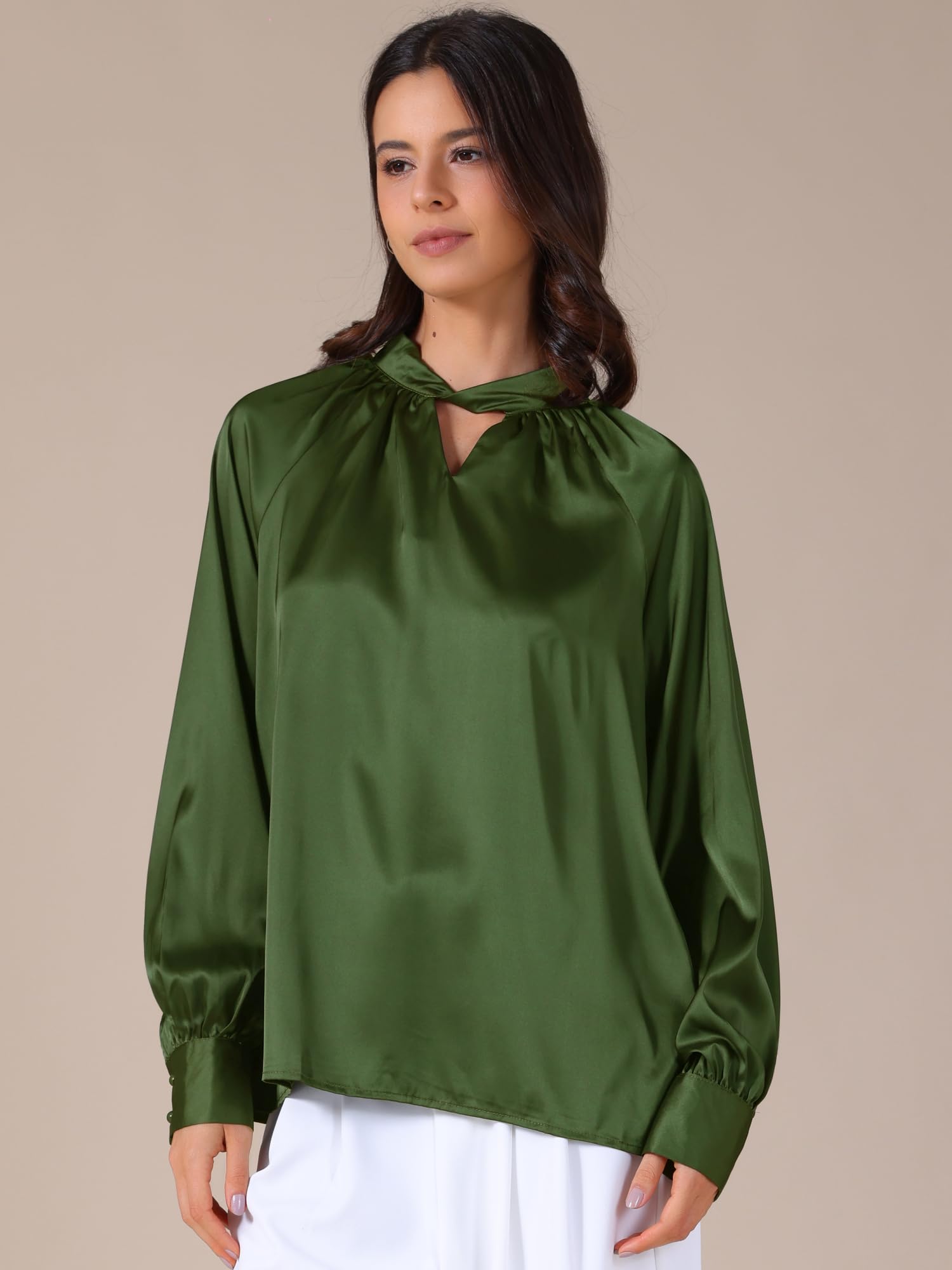 Allegra K Chemisier en satin plissé à manches longues en soie pour femme