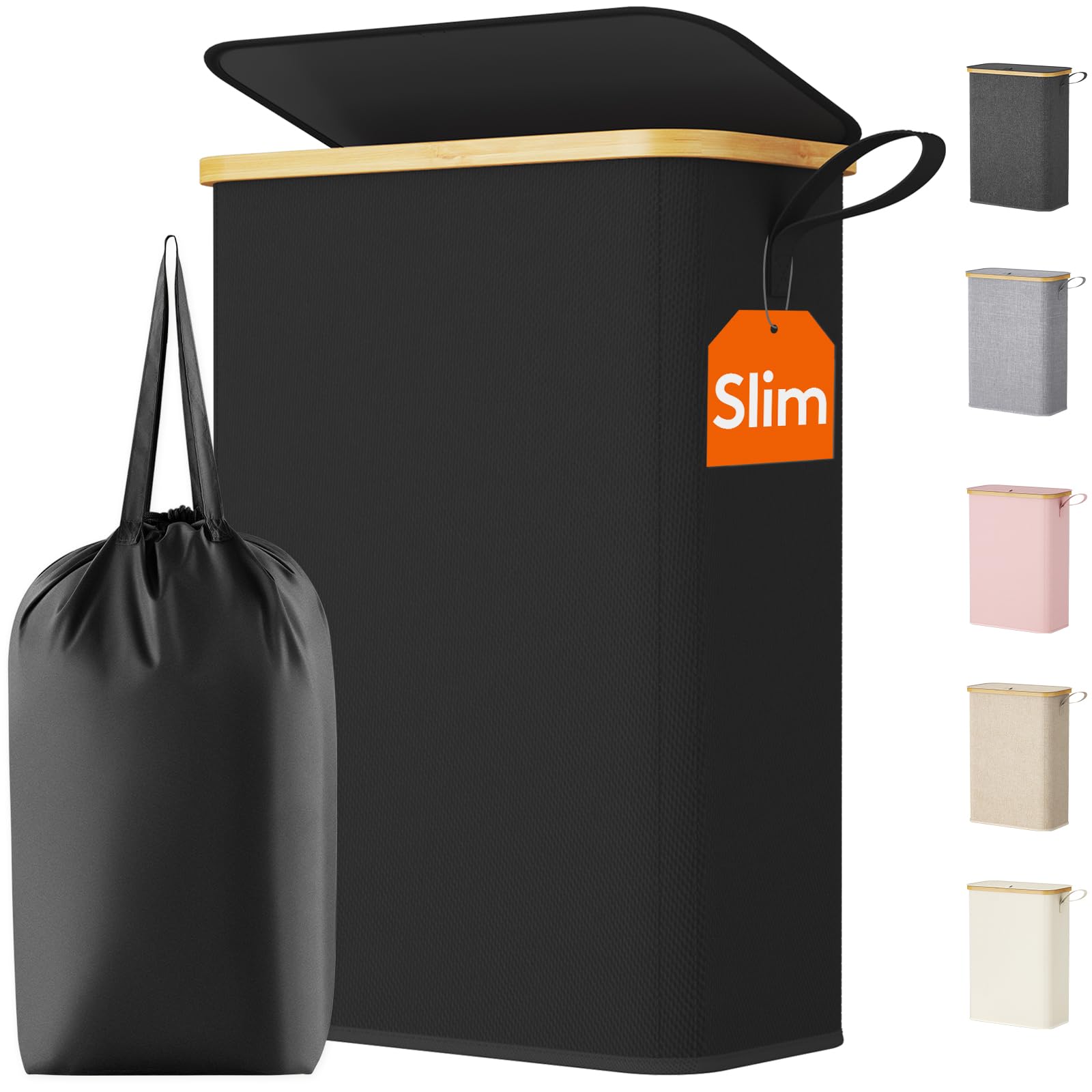 Lifewit 50L Slim Laundry Basket with Lid, Narrow Laundry Bin with Removable Bag & Bamboo Handles, Foldable Thin Dirty Clothes Hamper for Laundry, Bathroom, Bedroom, Dorm (Black) — image 1