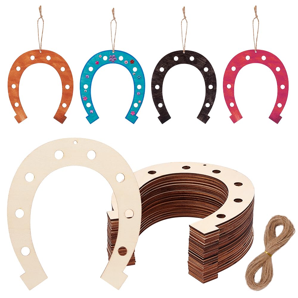 PH PandaHall 24pcs Unfinished Wooden Horseshoe Cutouts, Wood Horseshoe Chips with Jute Cord Blank Horseshoe Slices for Christmas Western Celebration Cowboy Painting Pyrography DIY Crafts Home Decor