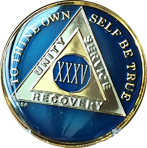 Bright Star Press35 Year Midnight Blue AA Alcoholics Anonymous Medallion Chip Tri Plate Gold & Nickel Plated XXXV