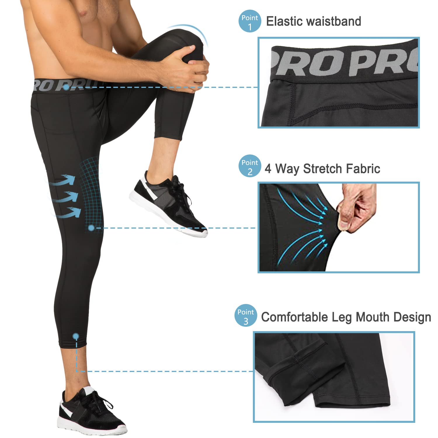Leggings de Compression 3/4 pour Homme avec Poche Séchage Rapide Leggings de Sport Pantalon de Base Layer Collant pour Basketball Fitness Jogging