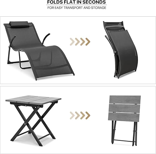 Miniatura 9 de MoNiBloom Juego de 3 tumbonas para exteriores, silla de patio con mesa auxiliar plegable para patio trasero junto a la piscina, tumbona transpirable