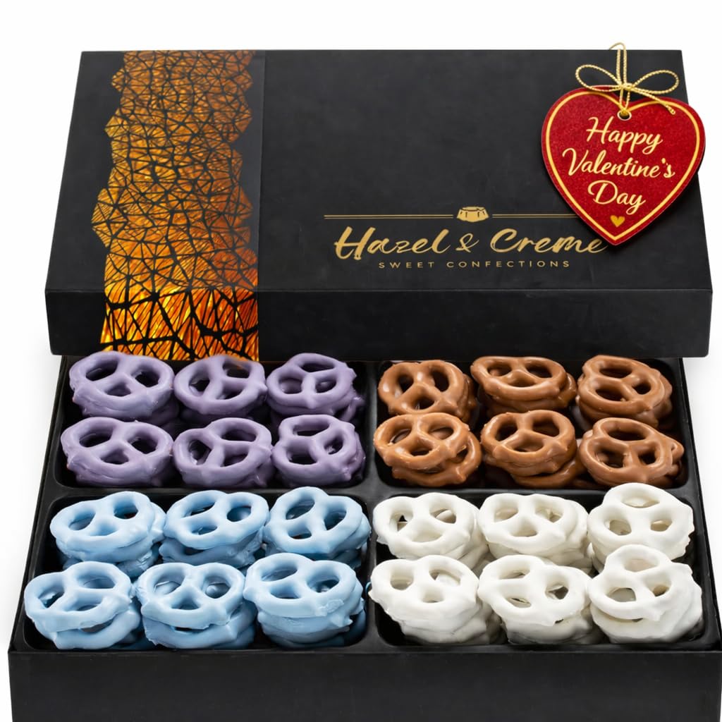 Valentines Day Yogurt Pretzel Gift Basket – 4 Flavor Gourmet Pretzel Assortment – Birthday Gift – Thank You, Sympathy, Kosher