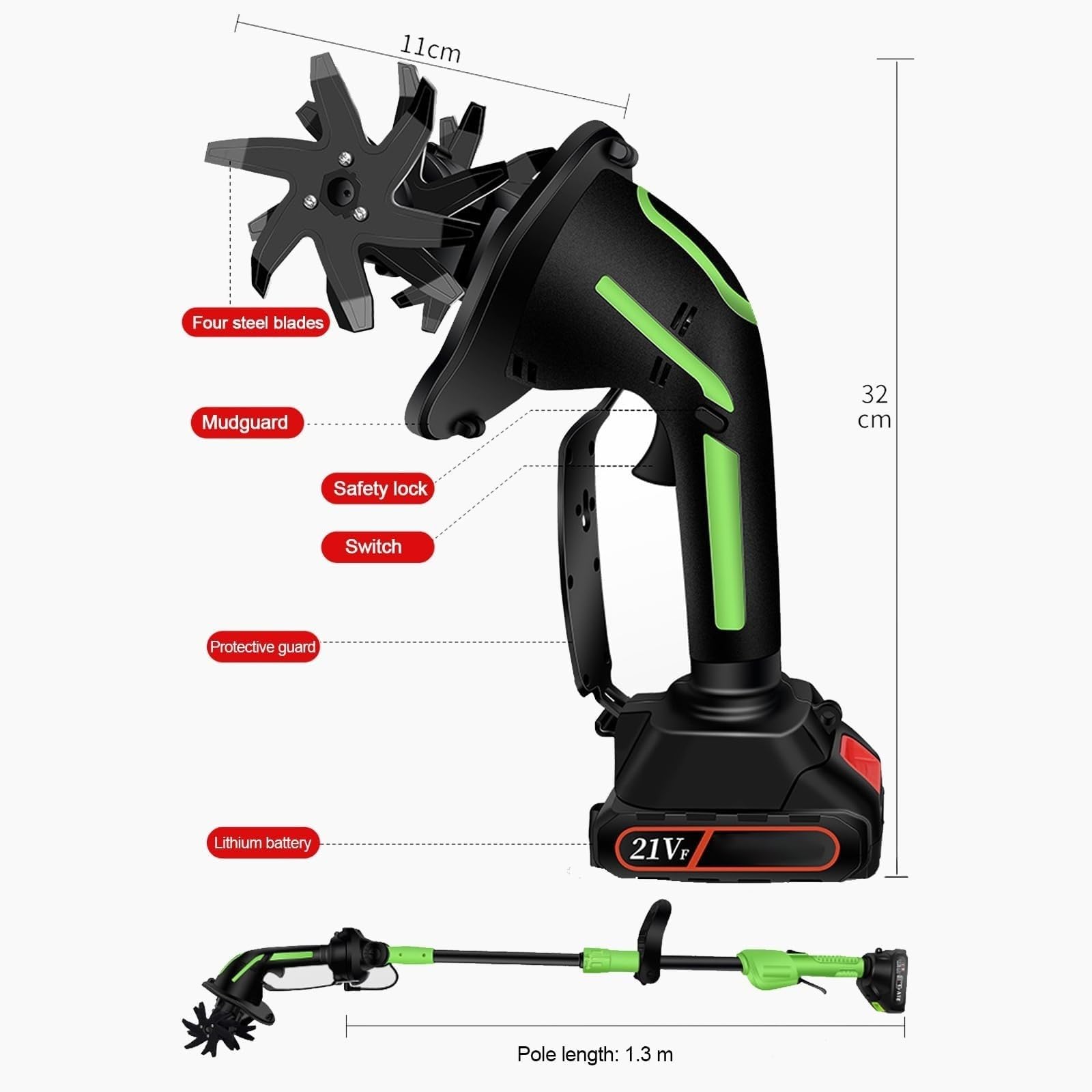 Mini motozappa a batteria, motozappa elettrica da giardino 21 V con larghezza e profondità di lavorazione di 10 cm, lame posteriori temprate, blocco di sicurezza integrato(A)