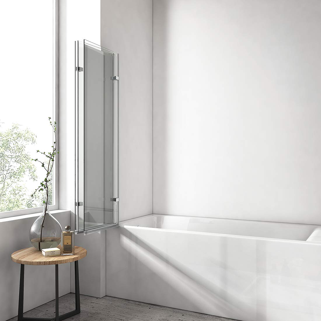 EMKE Parete vasca da bagno pieghevole 130 x 140 cm, 3 pannelli girevoli, vetro vasca da bagno in vetro di sicurezza da 6 mm, oscillazione di 180°, Telaio cromato stile industriale, nano-rivestito