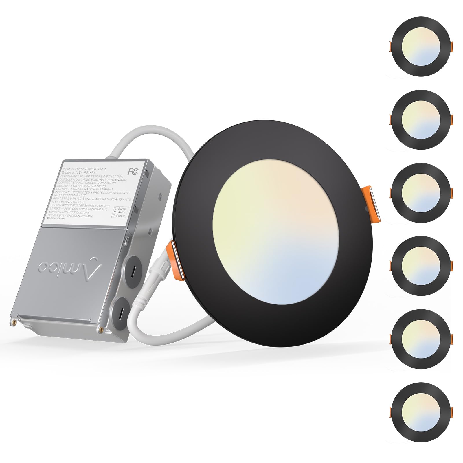 Amico 6 Pack 4 Inch 5CCT Ultra-Thin LED Recessed Ceiling Light with Junction Box, 2700K/3000K/3500K/4000K/5000K Selectable, 11W Eqv 70W, Dimmable Canless Downlight, 800LM High Brightness,Black
