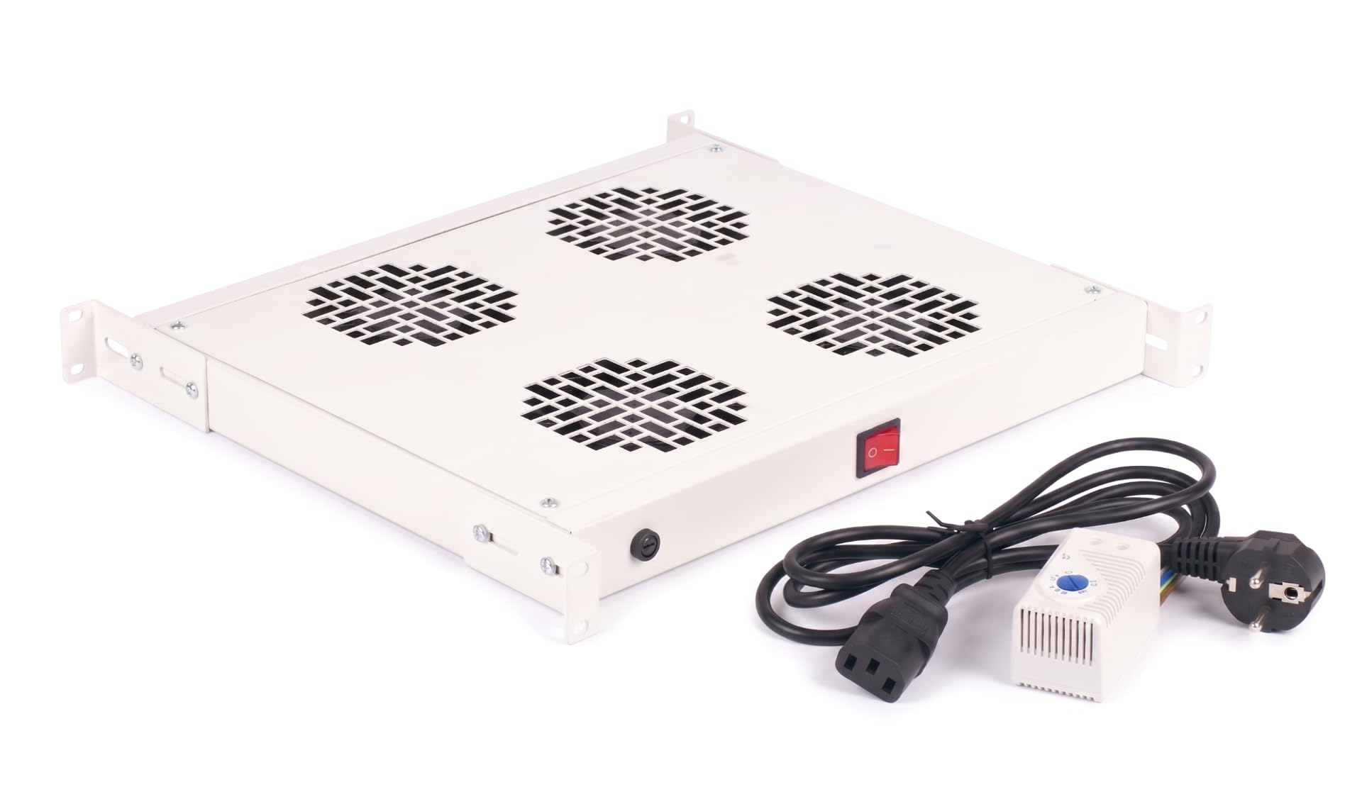 SABAJ M&D Lüftereinheit 4 Lüfter mit Thermostat 652 m3/h 19" 1HE für Serverschrank und Netzwerkschrank – Verstellbare Einbautiefe – Netzkabel 1,8 m – Grau RAL 7035