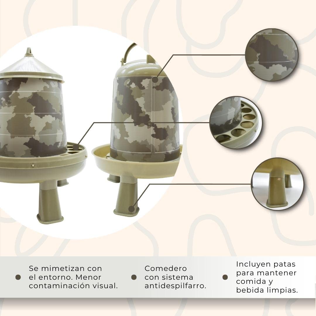 FINCA CASAREJO Mangiatoia + Abbeveratoio con Piedi per Galline e Altro Pollame - Mangiatoia e Abbeveratoio Camuffamento - Colorato Mimetico - Capacità 4Kg/5L – Acqua e Cibo Sempre Puliti
