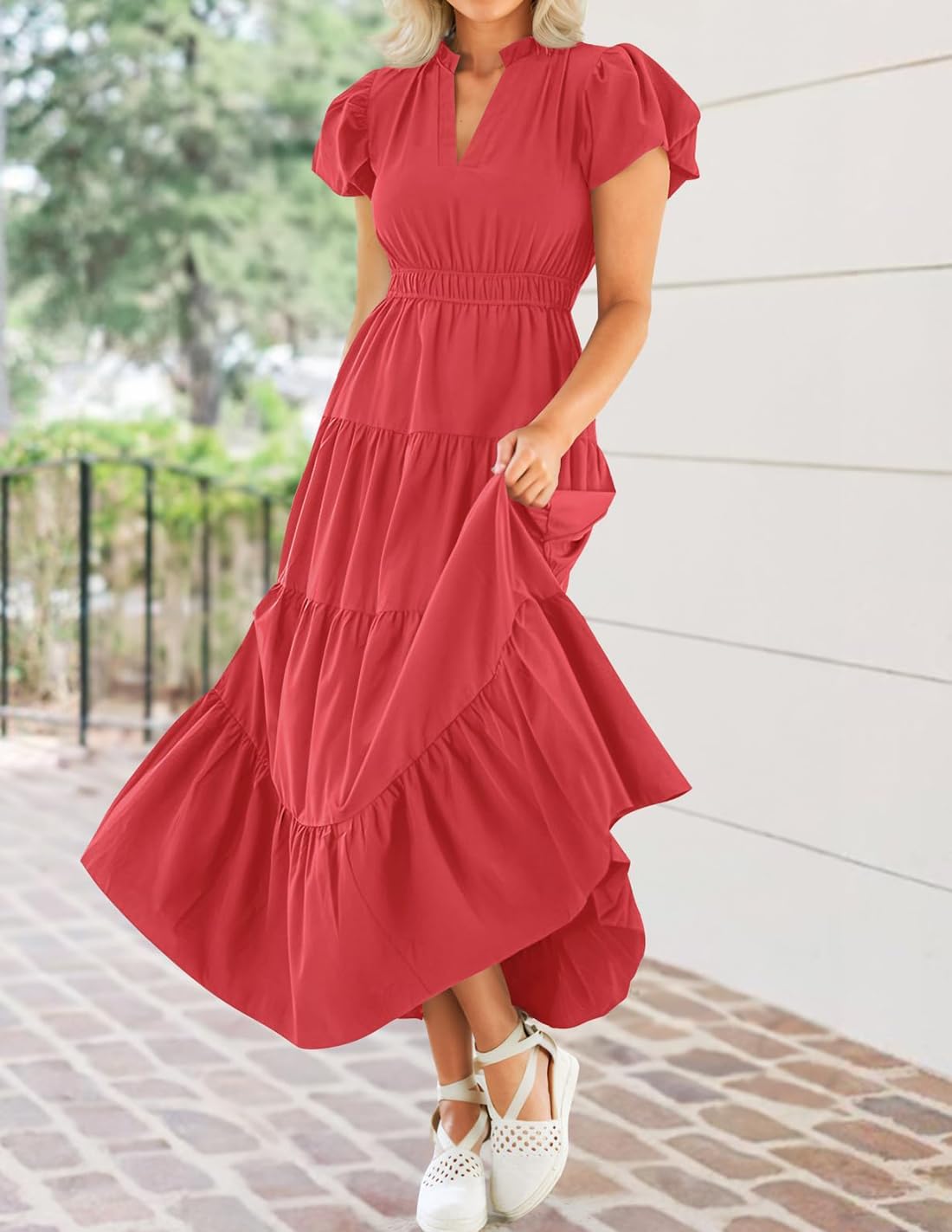 ZESICA Women's Summer Casual Maxi Dress 2026 Puff Short Sleeve V Neck Ruffle Tiered Flowy Boho Beach Dresses - Image 5