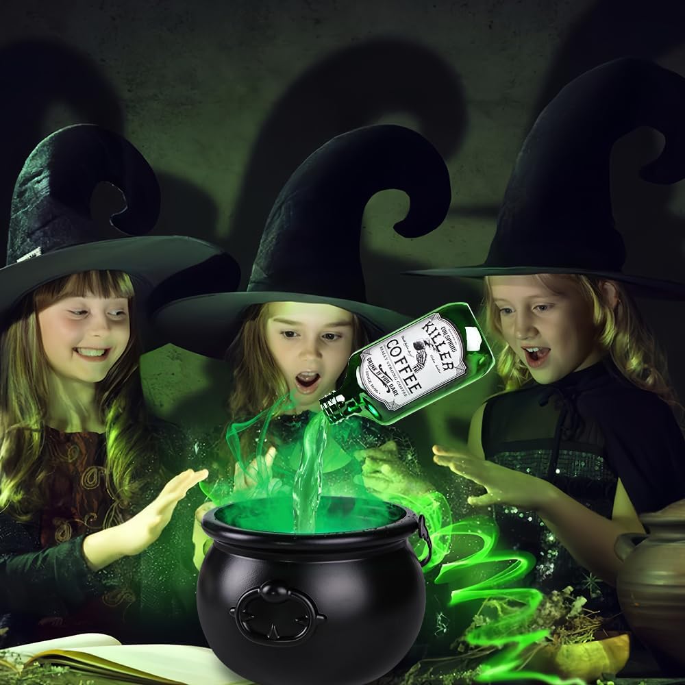 Halloween Decoration Chaudron Magique, Chaudron Sorciere DéCorations D'Halloween D'IntéRieur, Avec Bouteilles De Potion Magique Flottantes Avec Brumisateur Led, DéCoration FêTe Pourla Maison,Table (A)