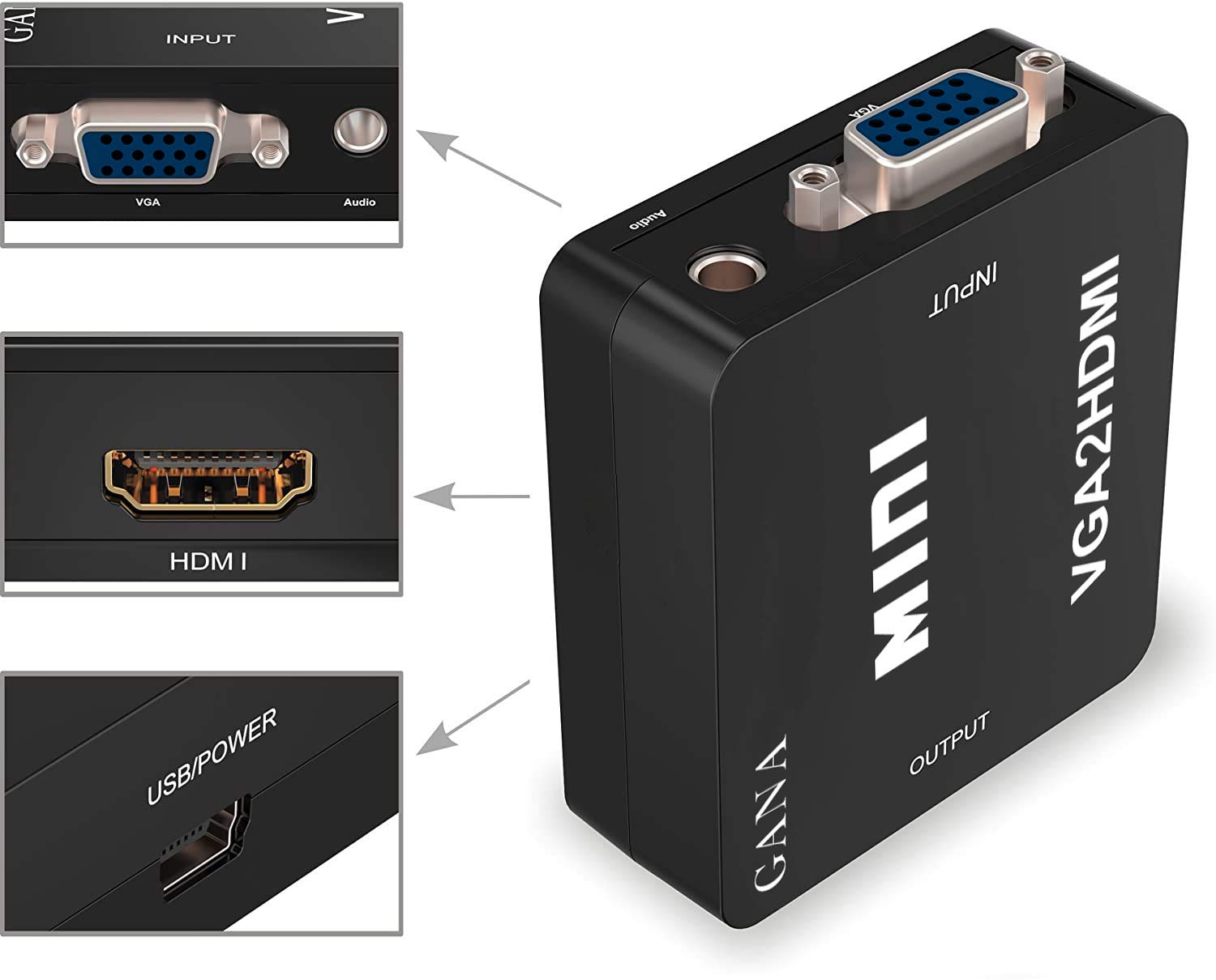 GANA Konwerter VGA na HDMI | adapter VGA na HDMI 1080P HDTV z kablem audio i kablem USB do telewizora, komputera, projektora, laptopa, DVD