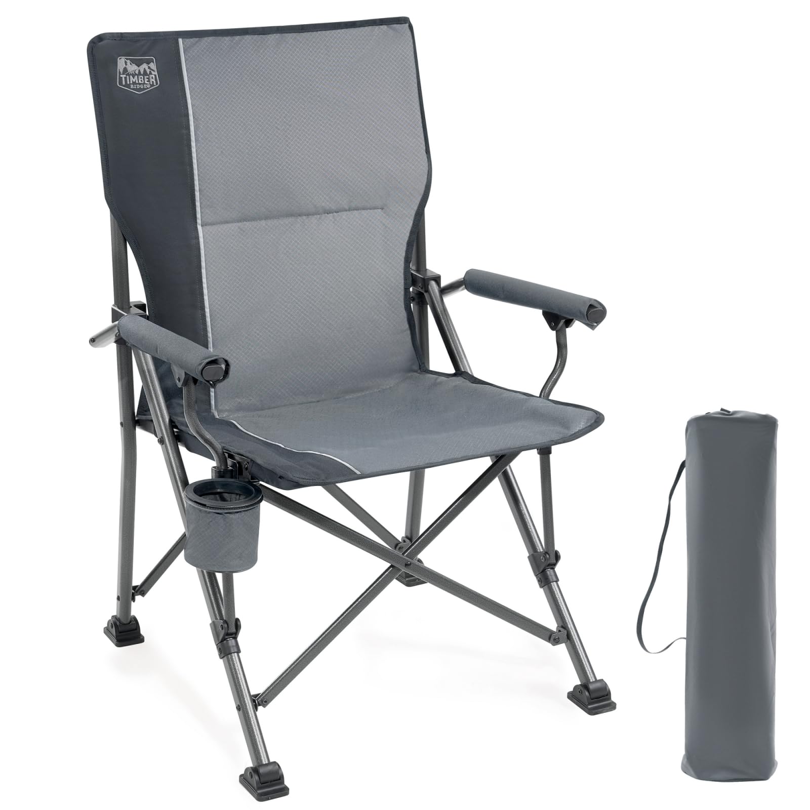 TIMBER RIDGE Chaise de Camping Pliable Dossier Haut avec Accoudoir Dur | Supporte jusqu'à 150kg avec porte-gobelet intégré légère et portable, idéale pour le camping, la pêche et le jardin