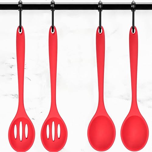 Miniatura 6 de Juego de 4 cucharas de cocina de silicona, antiadherentes, cucharas de servir para cocinar, cuchara de servir ranurada y sólida, resistente al