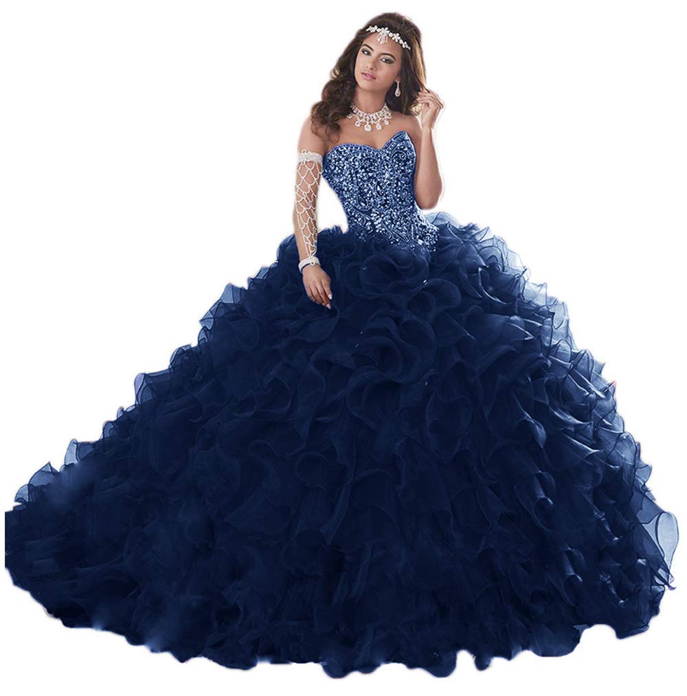 WANSHAQIN Women's Heavy Beaded Sweetheart Ball Gowns Dresses Organza Ruffles Quinceanera Dresses for Sweet 16