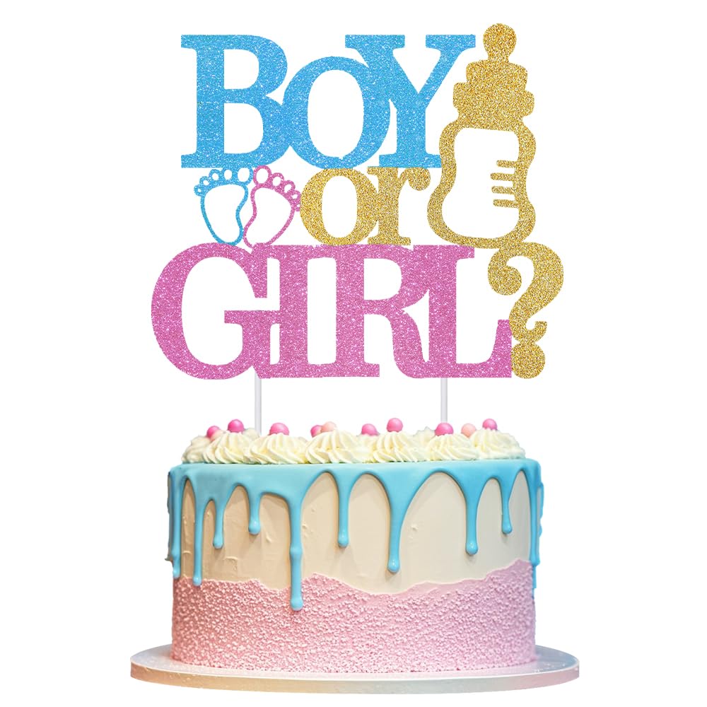 HSC Gender Reveal Cake Toppers, Baby Shower Decorations, Boy or Girl Glitter Cake Topper with Blue Pink Gold