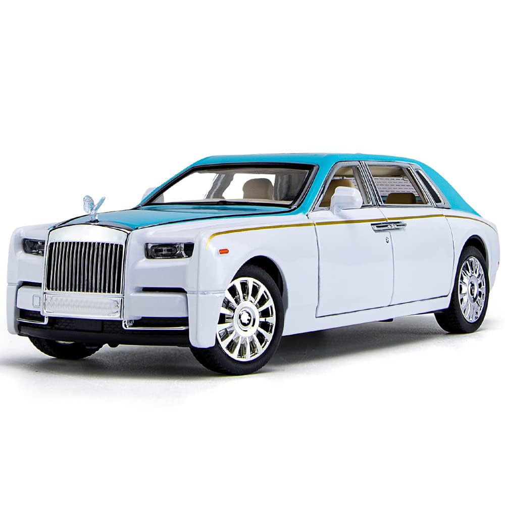 EROCK Upgrade Version -Exquisite car Model 1/24 Rolls-Royce Phantom Model Car,Zinc Alloy Pull Back Toy car with Sound and Light for Kids Boy Girl Gift. (Blue-White)