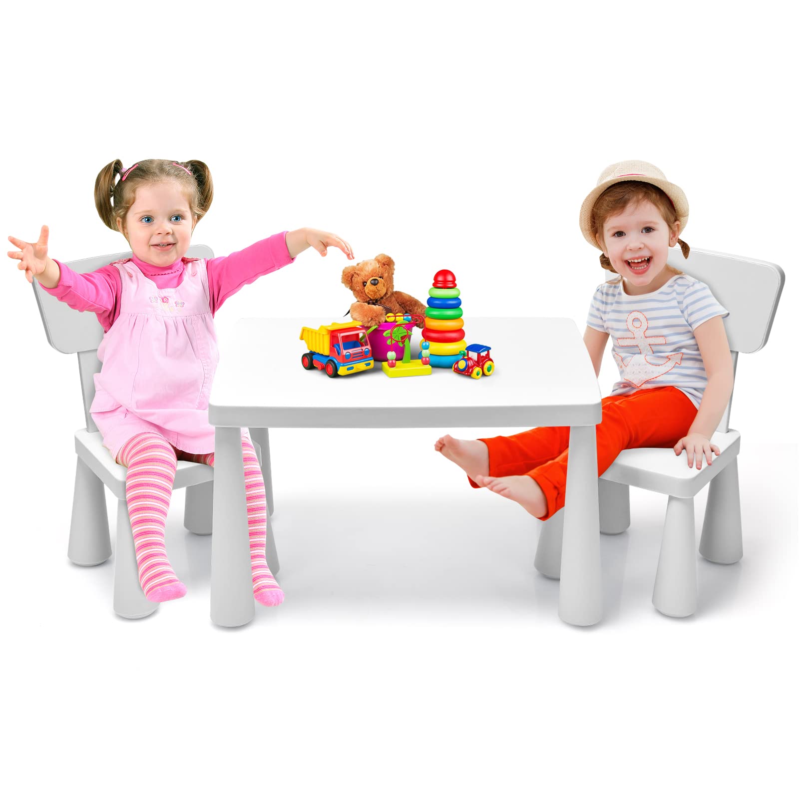 RELAX4LIFE Mesa y Silla Infantil de PP, Mesa Infantil con 2 Sillas, Respalda Ergonómica y Bordes Redondeados para Escribir, Leer, Jugar y Comer, Mesa Infantil con Sillas para Niños 1-7 Años (Blanco)