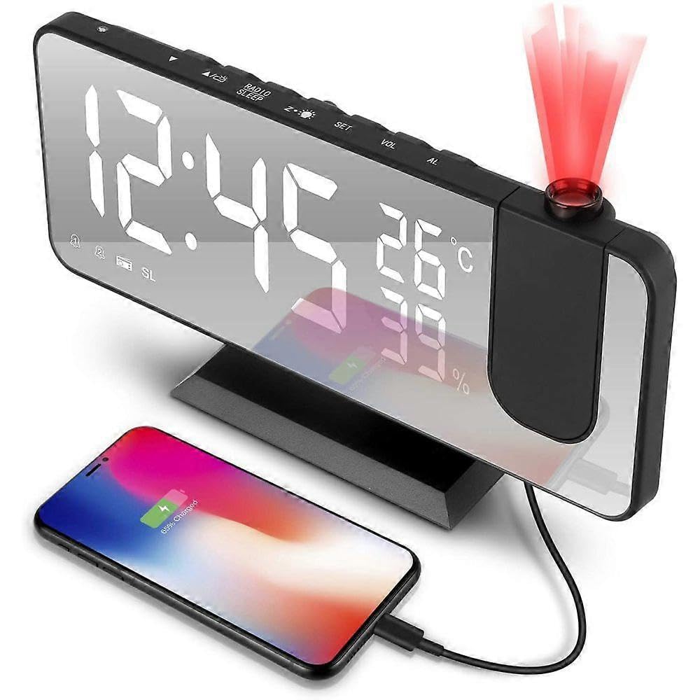 JOYHAPPST Projection alarm clock, digital alarm clock with projection, radio alarm clock with USB connection, large LED display, Snooze dual alarm, projection b