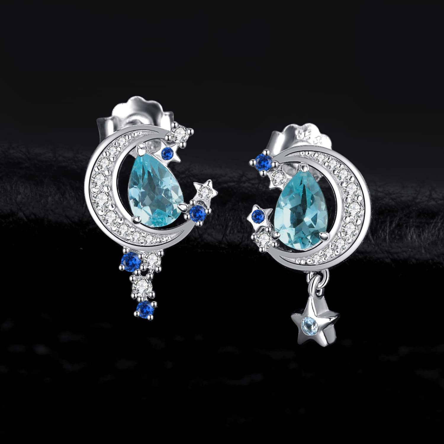 JewelryPalace Moon and Star Drop Cut 2.2ct Genuine Blue Topaz Created Sapphire Stud Earrings Silver 925 Ladies, Blue Topaz Stone Jewelry Set, Earrings Silver Gemstone Girls, Fashion Jewelry for Women