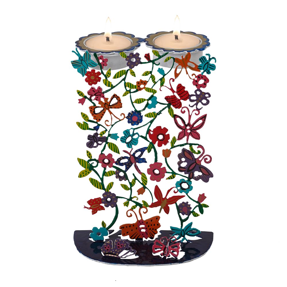 Yair Emanuel Candlesticks Laser Cut Hand Painted Butterfly Design