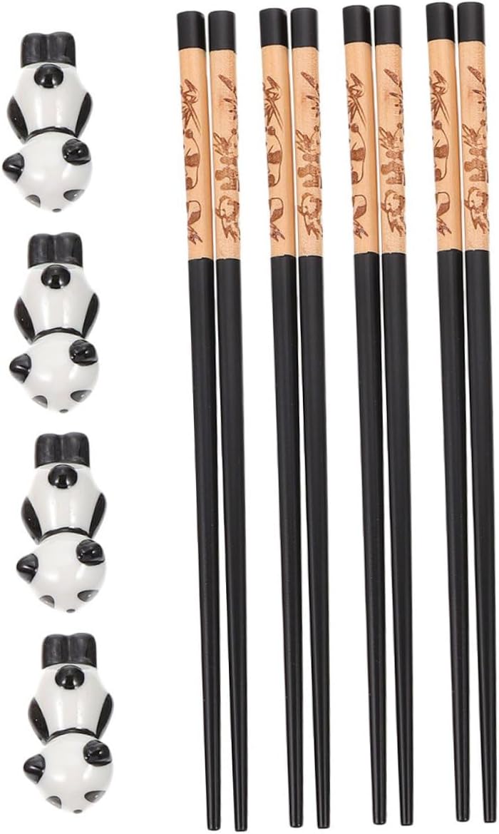 Panda Ceramic Chopstick Holders Set 12pcs Wooden Chopsticks Dishwasher Safe Reusable for Beginners Travel Dining Tableware Box