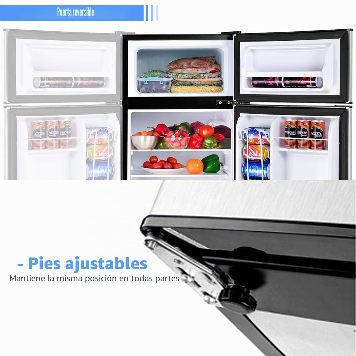 GOPLUS Frigorífico 90 L, Minifrigorífico con Congelador de 27 L y Frigorífico 63 L con Marco de Acero y Termostato Ajustable, Mini Nevera de Bajo Consumo para Casa Oficina 48×49,5×86 CM (Gris)