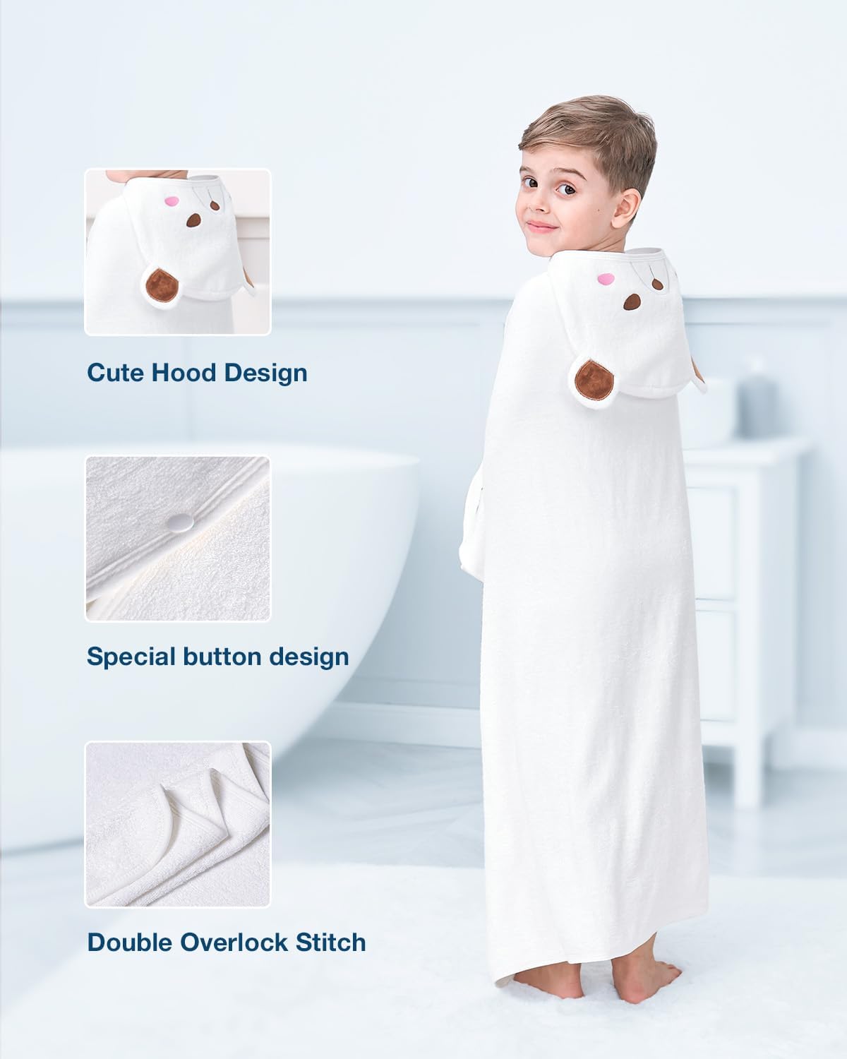 ZIONOR Hooded Bath Towel for Kids - 50''L x 35''W Extra-Large Hooded Towels for Big Kids 6-10, Kids Beach Towels Made from Bamboo Rayon, Suitable for Bath, Pool, Beach(White Bear) - Image 4