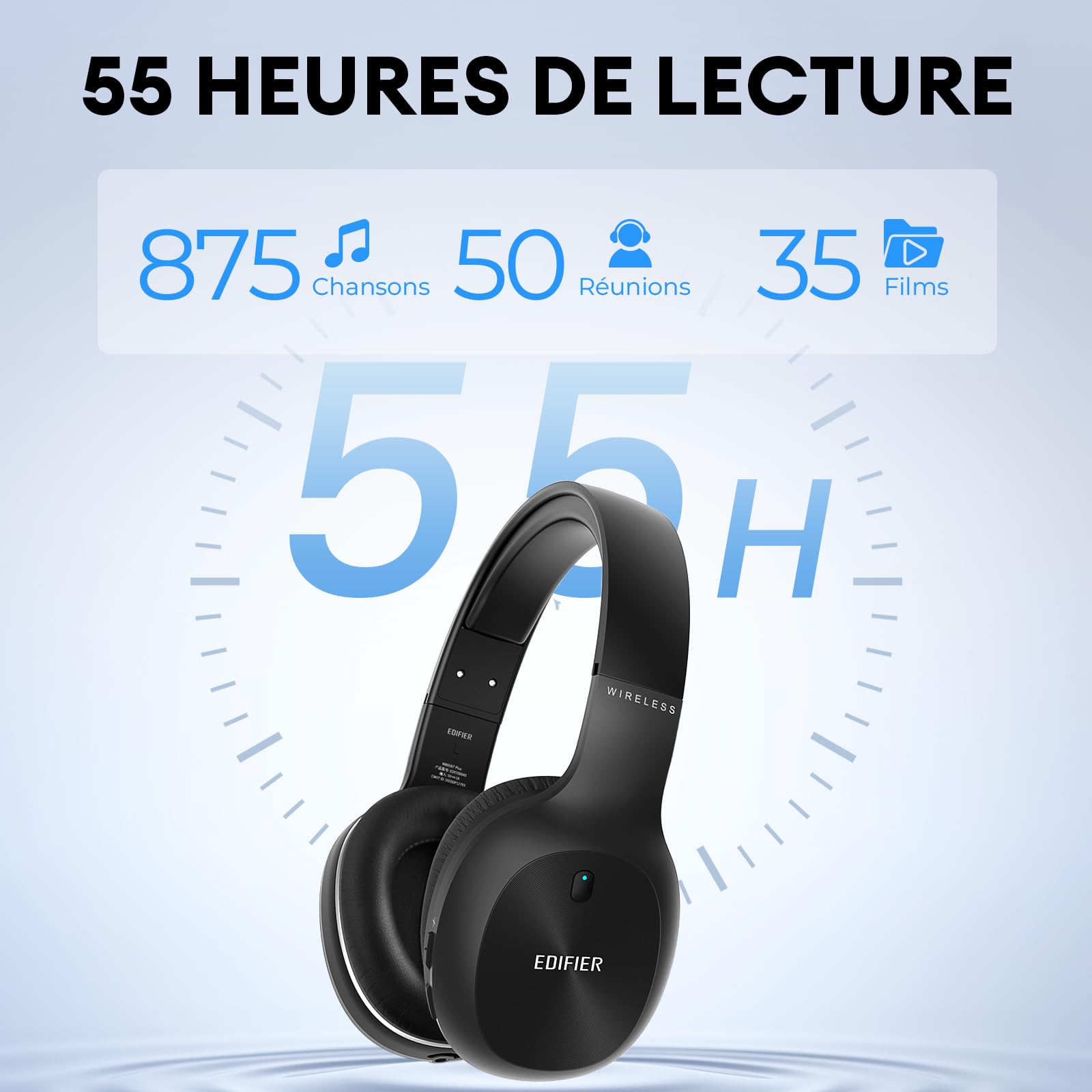 Edifier W800BT Plus Casque Supra-auriculaire sans Fil, Casque Bluetooth, CVC™ 8.0 Call Noise Cancelling, 55H de Lecture, Microphone Intégré, Bouton Physique, Contrôle APP, Noir