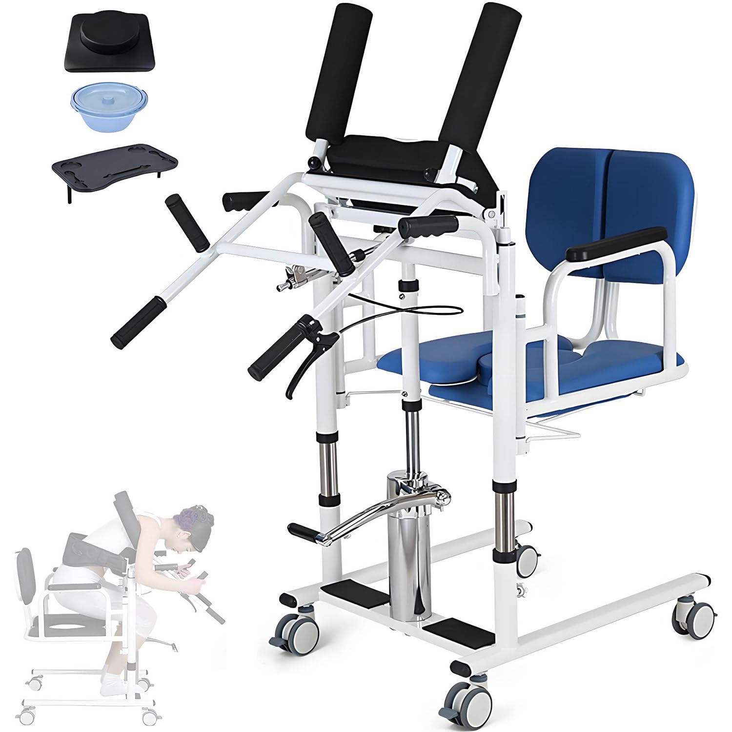 Silla de Transferencia hidráulica para Pacientes con Elevador de Altura Ajustable, Elevador de bipedestación con Respaldo Alto y Asiento Suaves, Silla de Ruedas elevadora Blue