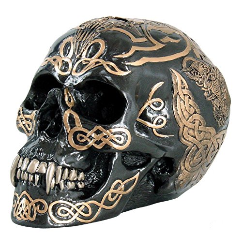 PTC 7 Inch Black and Gold Color Celtic Pattern Skull Statue Figurine