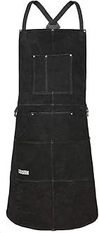 LeaSeekLeather Welding Apron, Heat Resistant & Flame Retardant Heavy Work Apron with 6 Pockets, 42 Inch Extra Large & Long Strap, Barbecue Apron, Black