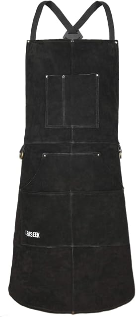 LeaSeek Leather Welding Apron,Heat & Flame-Resistant Heavy Duty Work Apron with 6 Pockets