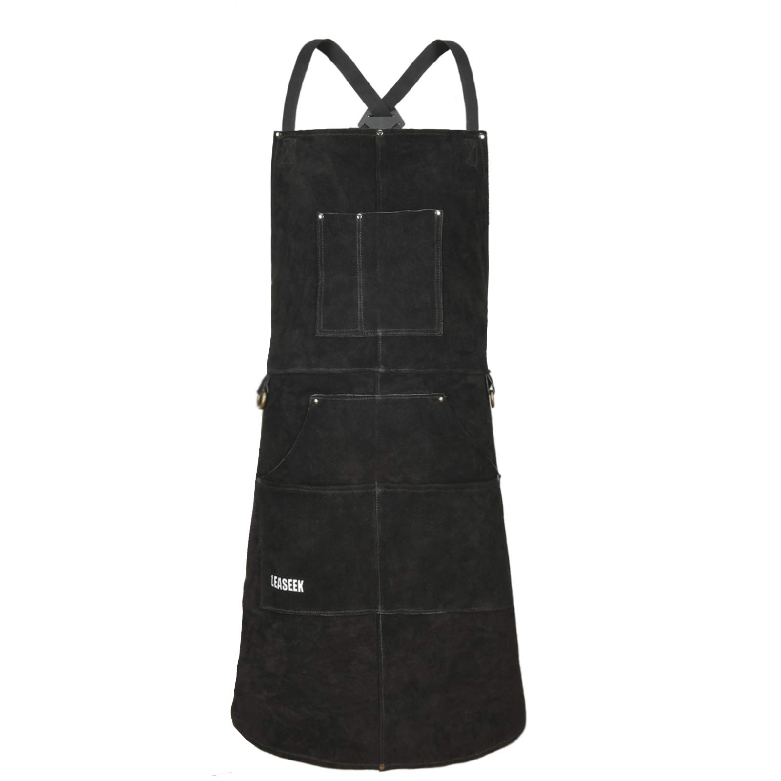 LeaSeek Leather Welding Apron, Heat Resistant & Flame Retardant Heavy Work Apron with 6 Pockets, 42 Inch Extra Large & Long Strap, Barbecue Apron, Black