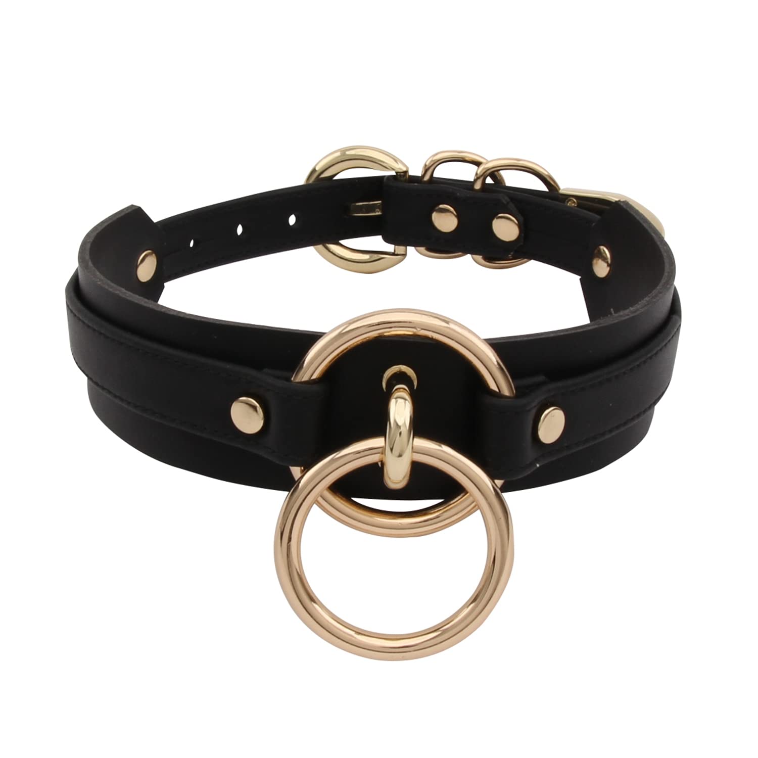 Faux Leather Double O Ring Choker Collar Necklace For Women Wide