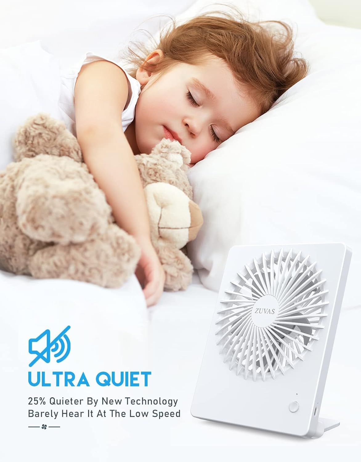 Ventilador de escritorio con pilas, recargable de inclinación de 180°, ventilador personal plegable ultra silencioso, pequeño, portátil, de 3 velocidades, ajustable, fuerte ventilador de viento 2
