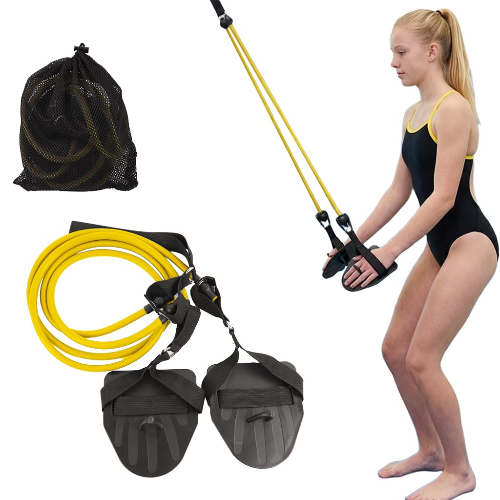 proberos® swimming training resistance band set, 20lbs swim stroke trainer with hand paddles, upper body strength & technique practice tool for freestyle & swim conditioning with storage bag, yellow