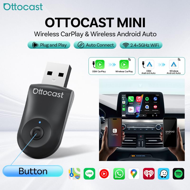 Image of Ottocast Mini 2-in-1 Wireless Carplay Adapter by KMH & Wireless Dongle CarPlay or Android Auto Adapter for Car | USB C /A Bluetooth 5.3 5.8Ghz WiFi Reliable Connectivity (Pack of 1)