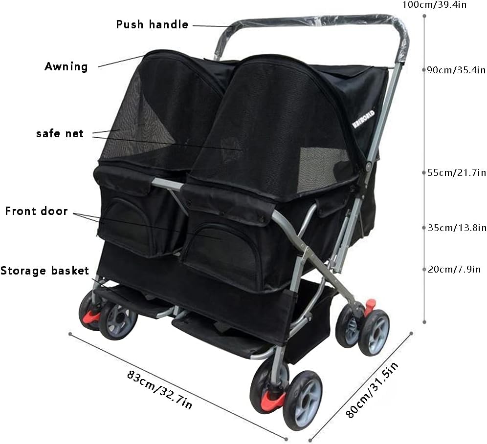 Wózek Dla Zwierząt Domowych Double Dog Pram Dla średnich Psów I Kotów Nowoczesny Czerwony, Odpinany Kołyska 360° Przednie Koło Interaktywne, Nero, One Size