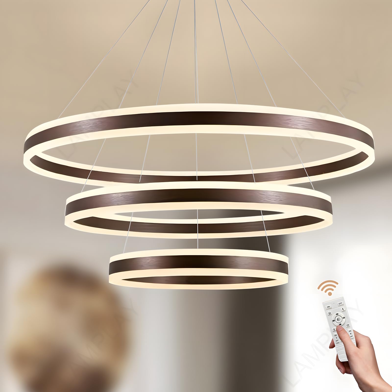 Lamplay Brown Round Led Modern Pendant Light, 3 Ring Chandelier, Dimmable With Remote Control 3000K-6000K Ceiling Light, Height Adjustable, Foyer Living Room Bedroom Kitchen Island (Ø40+60+80Cm)