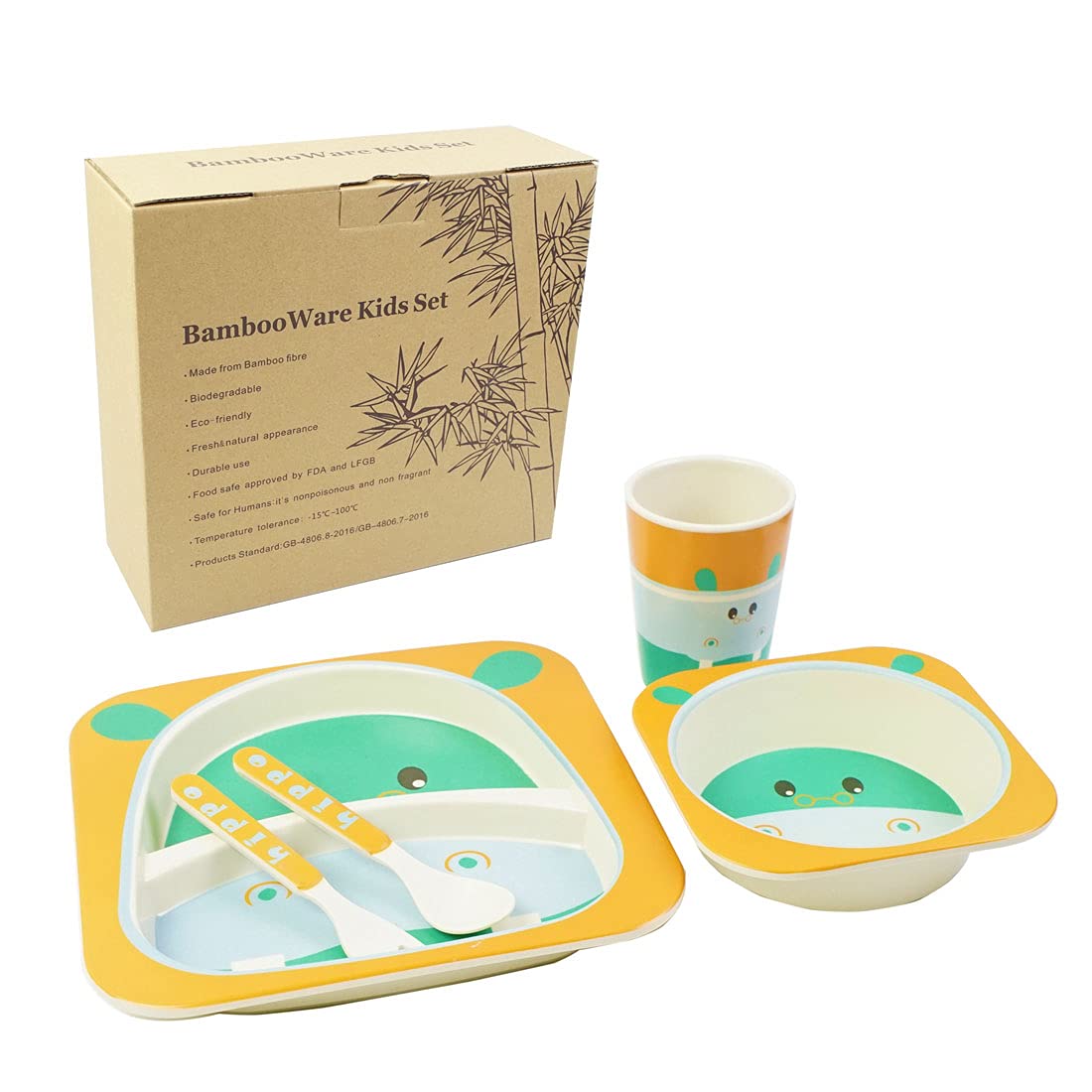 Kids Bamboo Fiber Dinnerware 5 Piece Set Animal Cartoon Food Plate Bowl Cup Spoon Fork Set Dishware , Food Grade Materials and Dishwasher Safe BPA free Kids Healthy Dinnerware. (Hippo)