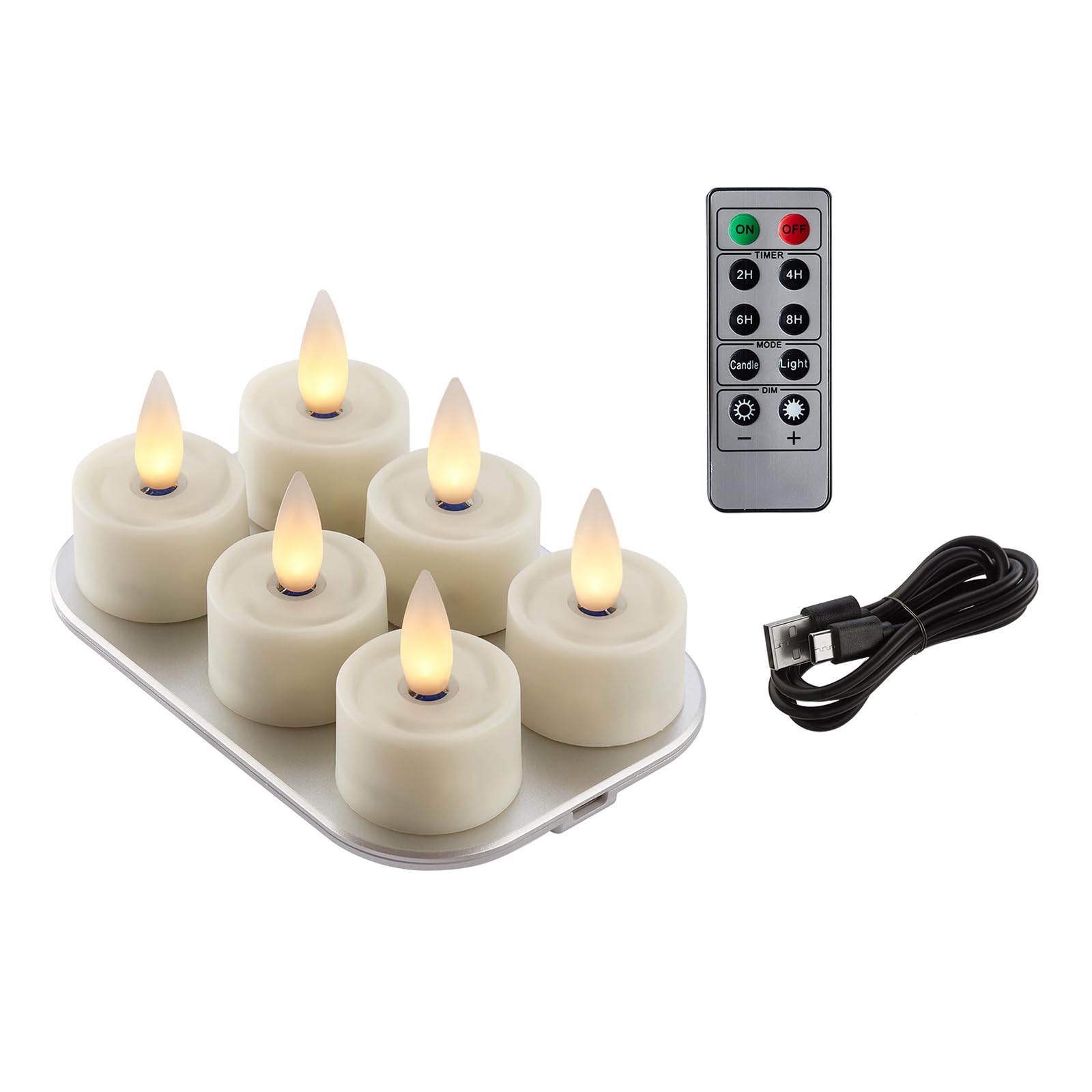 Rechargeable Flameless Tealights Candle with Remote Timer, 3D Moving Flame Led Tealight Candles (Includes Remote Control, Charging Base, and USB Cable) (Ivory, 1.4in)