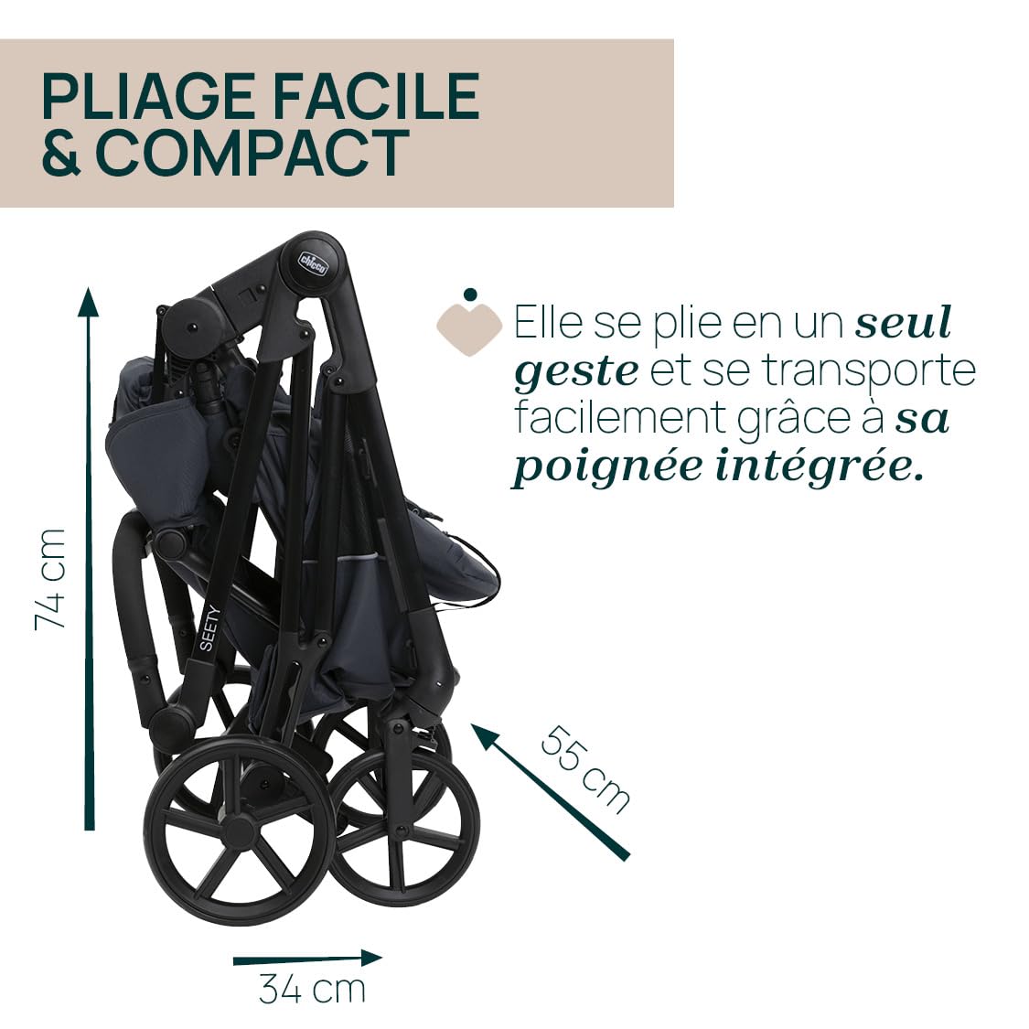Chicco Poussette Seety, Poussette Bébé Légère et Compacte de 0 Mois à 4 Ans, Capacité de Charge Maximale de 22 kg, Poussette Pliable, Dossier Inclinable, Pliage Automatique en 1 Étape, Canopy