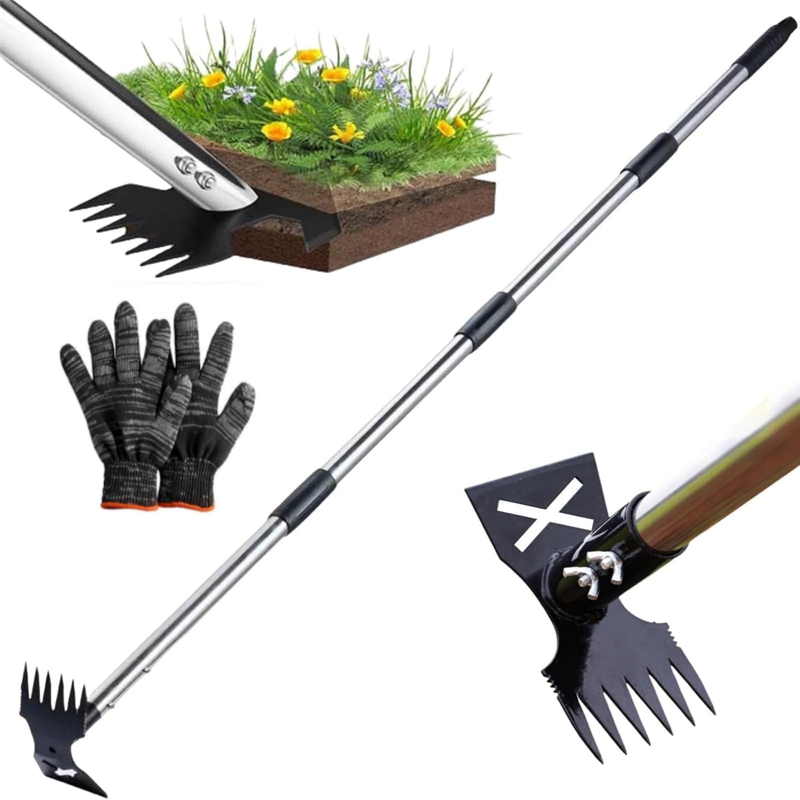 Weed Puller Tool with Long Handle, 2 in 1 Manual Weed Rake and Garden Hoe 150cm Weed Remover Gardening Tools Weeding Pull for Garden Yard Lawn Patio