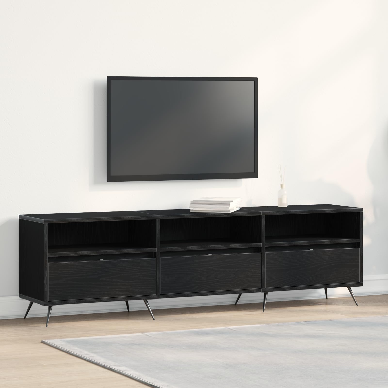 Szafka TV czarna fotel telewizyjny z szufladami i półkami, do telewizora do 55 cali, nowoczesna szafka z drewna dębowego z miejscem do przechowywania. 150 x 30 x 44,5 cm materiał